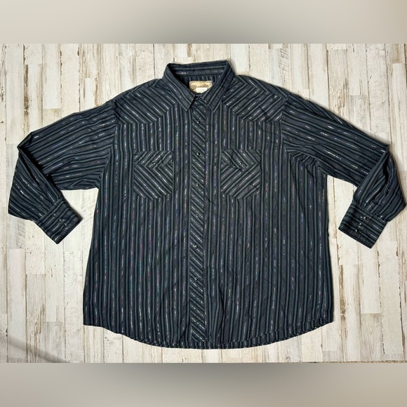 Wrangler Western Fashion Shirt Mens 2XL Black w/Metallic Stripes Pearl Snap - Picture 1 of 13